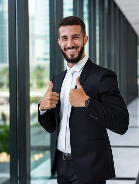 Foto un hombre en un traje dando un signo de pulgares hacia arriba