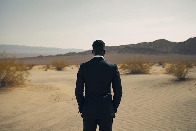 Un hombre con traje se para en el desierto mirando el desierto.