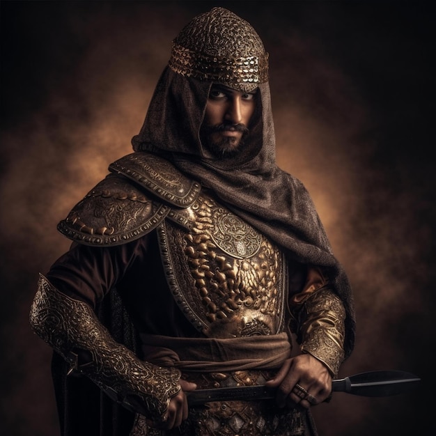 Un hombre con un traje dorado se para frente a un fondo oscuro con una espada.