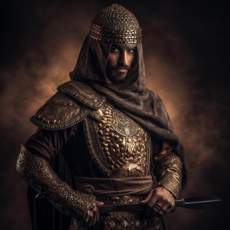 Un hombre con un traje dorado se para frente a un fondo oscuro con una espada.