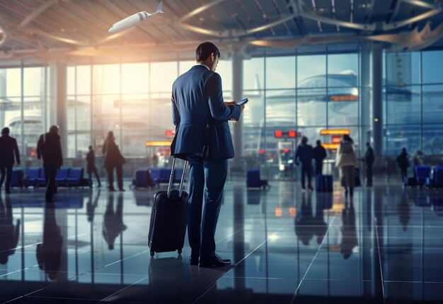 un hombre con traje se encuentra en un aeropuerto con una maleta y un pájaro volador.