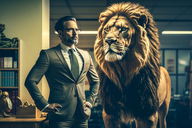 Foto un hombre con traje se encuentra junto a un león.