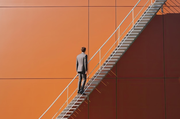 Un hombre con traje se para en una escalera que conduce a la cima.