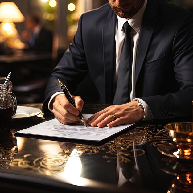 un hombre en un traje escribiendo en un documento que dice no