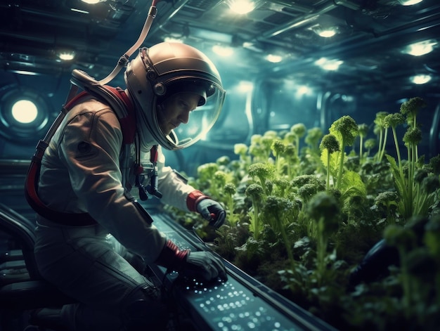 Un hombre en un traje espacial atendiendo a las plantas en el suelo ai