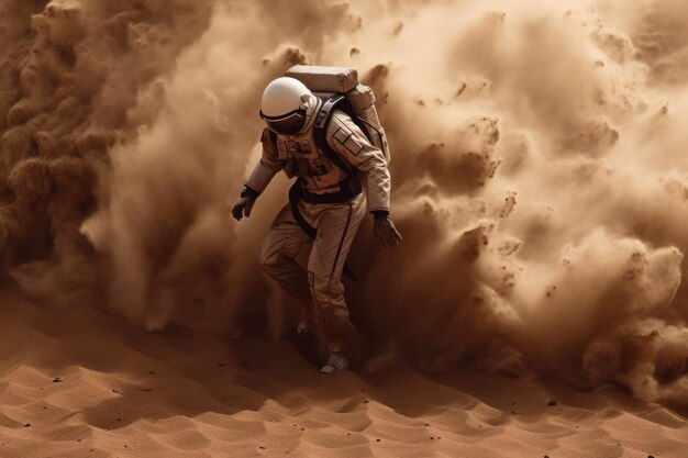 Foto un hombre con un traje espacial camina por una duna de arena con una gran nube de polvo detrás de él.