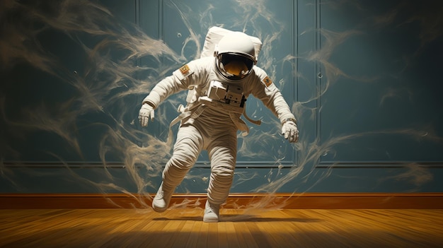 Un hombre con un traje espacial corriendo por una habitación.
