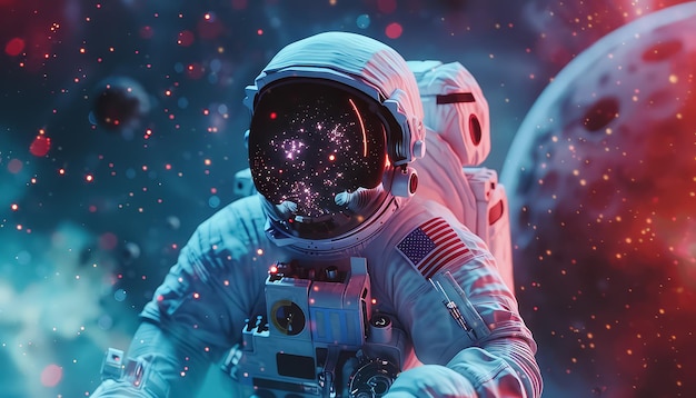 Un hombre en un traje espacial está flotando en el espacio con un planeta en el fondo