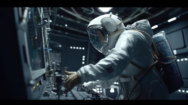 Un hombre con un traje espacial está trabajando en un panel con la palabra espacio.