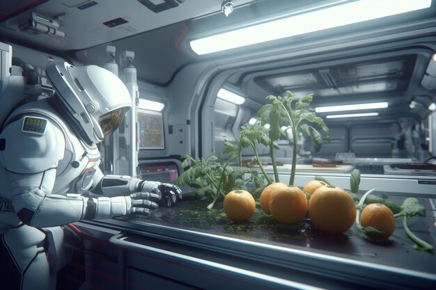 Un hombre con traje espacial mira algunas naranjas.