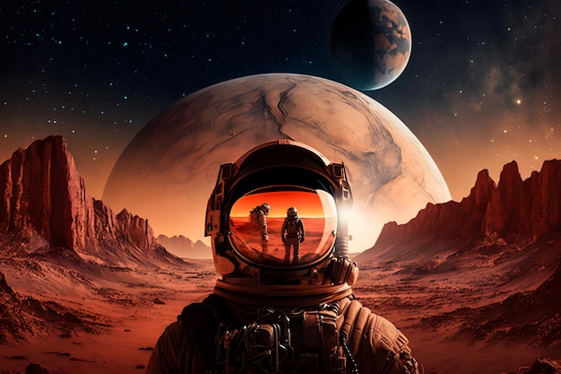 Un hombre con traje espacial mirando un planeta con la luna al fondo.