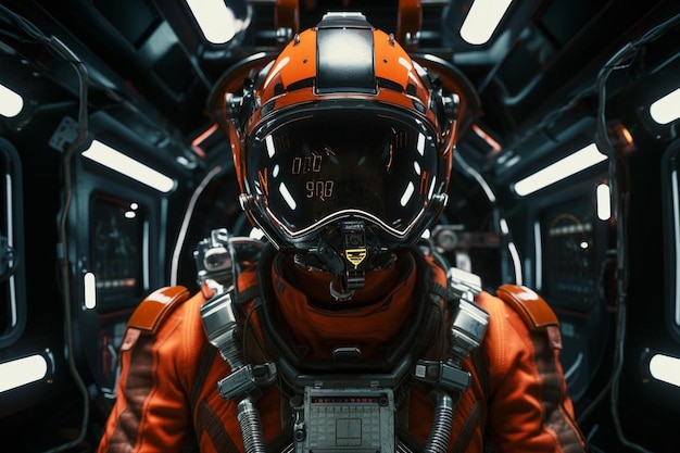 un hombre en un traje espacial naranja y casco
