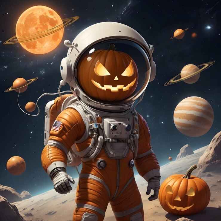 un hombre en un traje espacial naranja está sosteniendo una calabaza