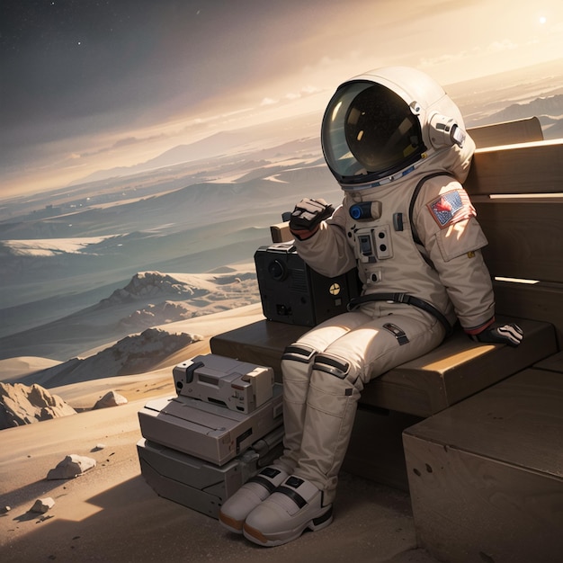 Un hombre con traje espacial se sienta en un banco con una maleta y una montaña al fondo.