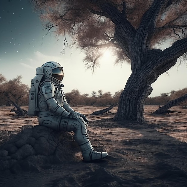 Un hombre con traje espacial se sienta en una roca en el desierto.