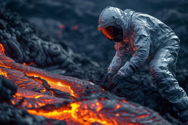 Hombre en traje especial recogiendo muestras de lava de un volcán