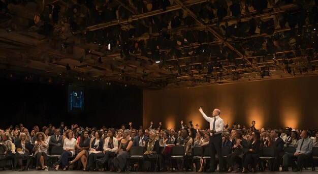 un hombre de traje está dando un discurso en el escenario