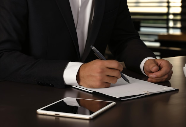 un hombre en un traje está escribiendo en un cuaderno con una pluma en la mano