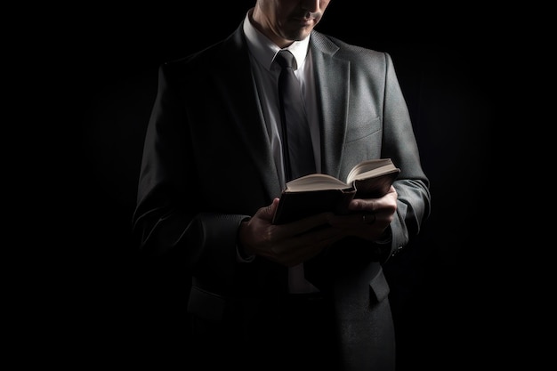 Un hombre con traje está leyendo un libro en la oscuridad.