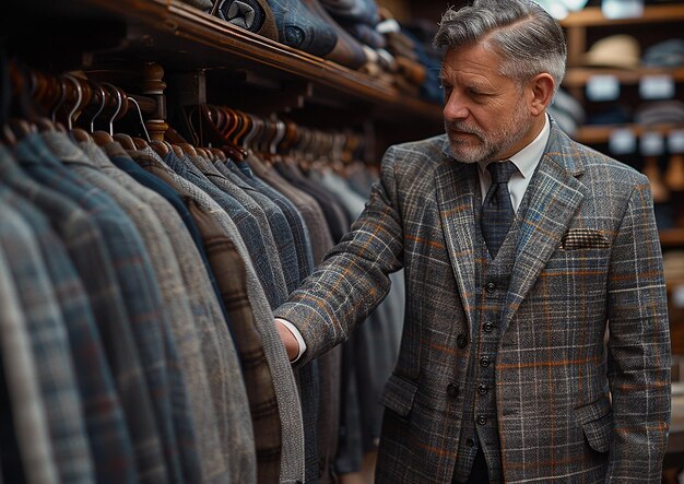 un hombre en un traje está mirando un estante de camisas con un hombre mirándolas