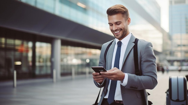 un hombre de traje está mirando su teléfono celular