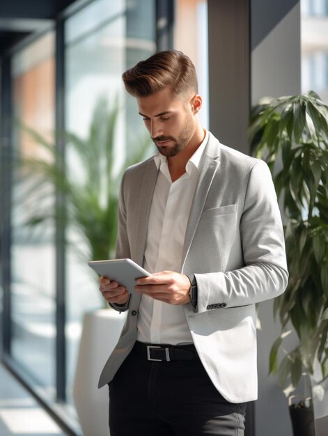 un hombre en un traje está mirando una tableta con una planta en el fondo