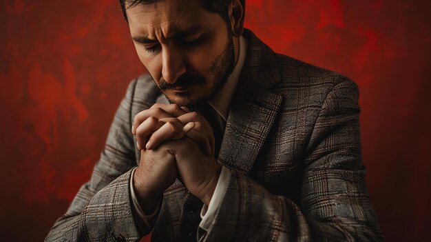 Un hombre de traje está orando con los ojos cerrados tiene barba y las manos juntas el fondo es rojo