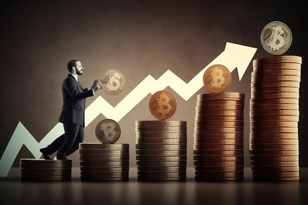 Un hombre con traje está parado frente a pilas de monedas con un gráfico detrás de él.