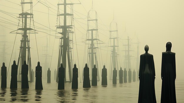 un hombre en un traje está de pie en el agua frente a un muelle con muchas líneas eléctricas