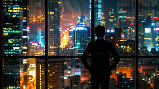Un hombre de traje está de pie en un rascacielos por la noche mirando las luces de la ciudad por debajo