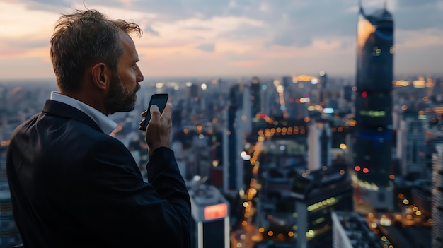 Un hombre de traje está de pie en un techo con vistas a una ciudad está mirando su teléfono el sol se está poniendo y las luces de la ciudad se están encendiendo