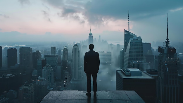 Un hombre de traje está de pie en un techo con vistas a una ciudad está mirando la vista con las manos en los bolsillos
