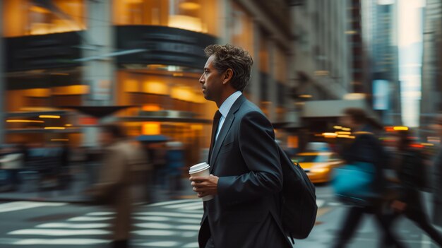 El hombre de traje está sosteniendo una taza de café mientras camina en el edificio de la oficina de la ciudad coche obturador de alta velocidad