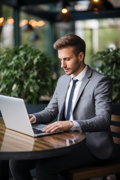 un hombre en traje está trabajando en una computadora portátil