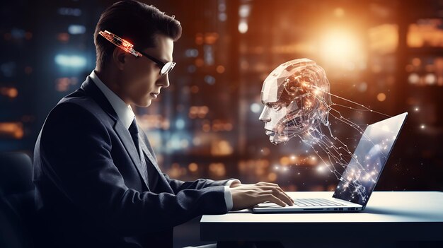 un hombre en un traje está trabajando en una computadora con un ratón de computadora y un monitor que muestra a un hombre con un él