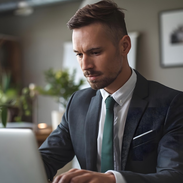 un hombre de traje está trabajando en una computadora