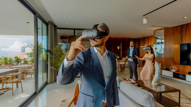 un hombre en un traje está usando gafas de realidad virtual