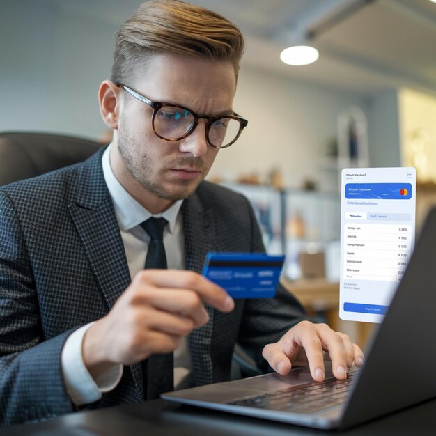 un hombre en traje está usando una tarjeta de crédito en una computadora portátil
