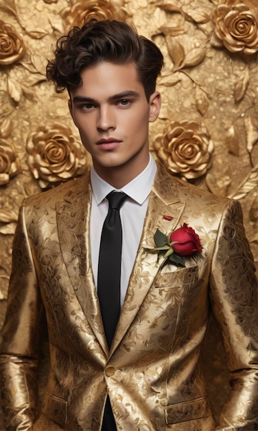 Foto un hombre en traje con una flor en la mano