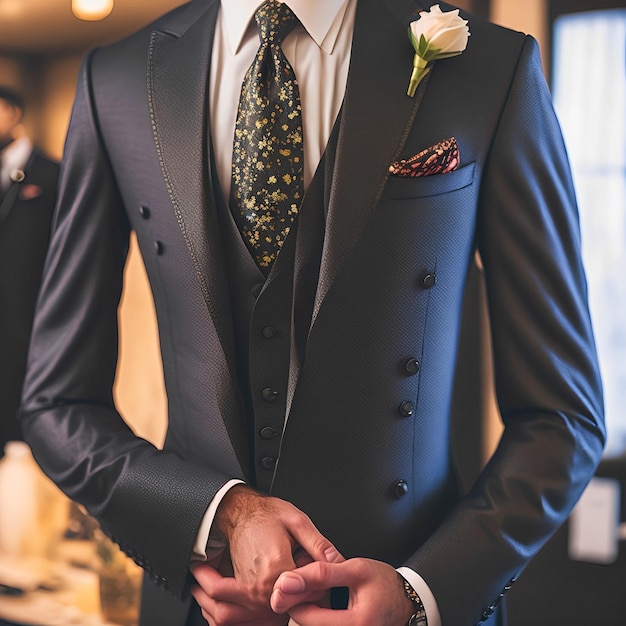 Un hombre de traje con una flor en el pecho.