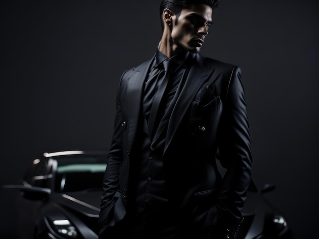 Un hombre con traje se para frente a un auto deportivo negro.