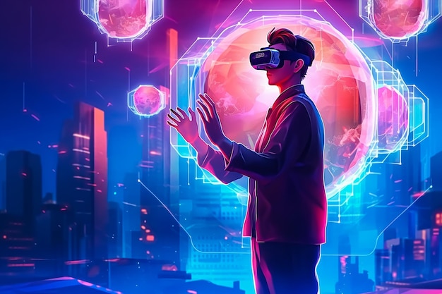 Un hombre con traje se para frente a una ciudad futurista con un letrero de neón que dice "el futuro de la realidad virtual".