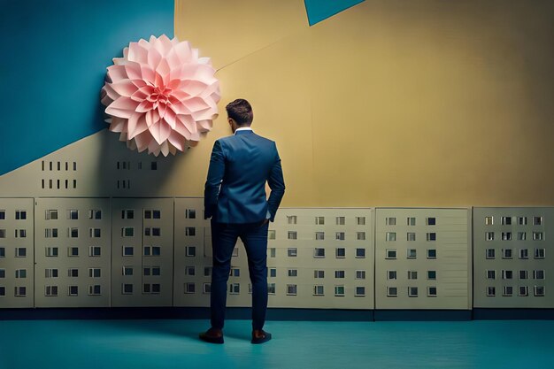 un hombre de traje se para frente a una pared con una flor en la esquina.