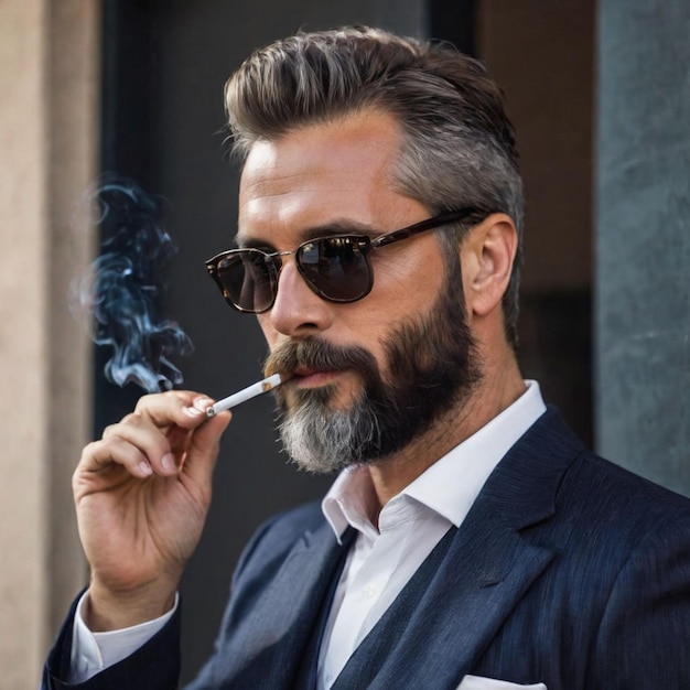 un hombre en un traje fumando un cigarrillo con un cigarro en la boca