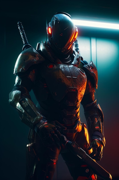 Hombre con traje futurista parado en una habitación oscura con las manos en las caderas IA generativa