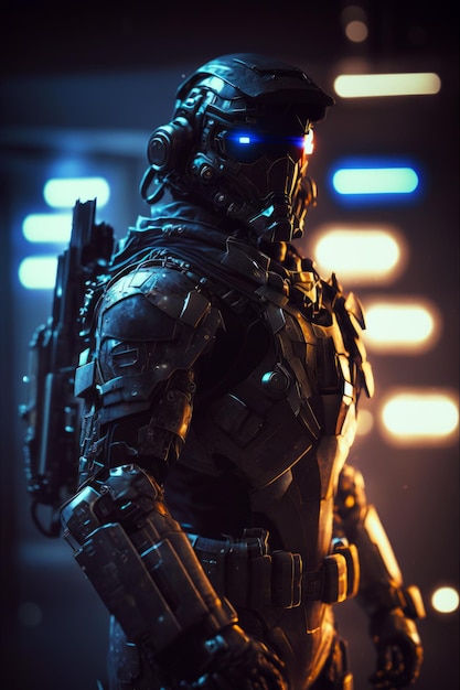 Hombre con traje futurista sosteniendo un arma en una habitación oscura con luces brillantes IA generativa
