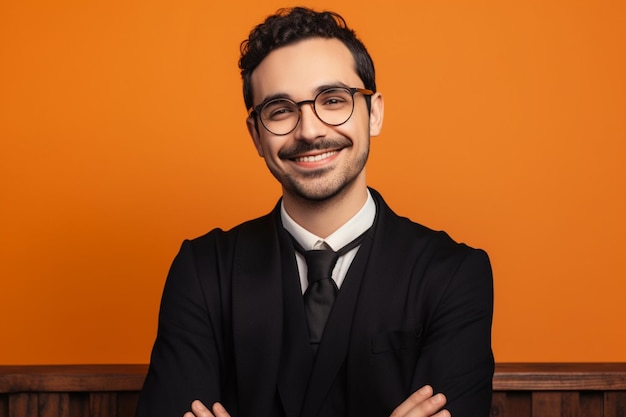 Un hombre con traje, gafas y chaqueta negra sonríe a la cámara.