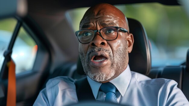 Foto un hombre con traje y gafas está conduciendo un coche y está en estado de shock confundido parece ligeramente sobrepeso 55 años de edad balck instructor de conducción con corbata boca abierta