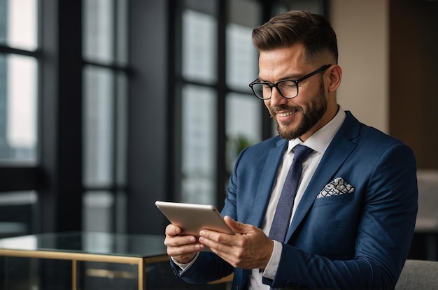 un hombre en traje con gafas y corbata está mirando una tableta