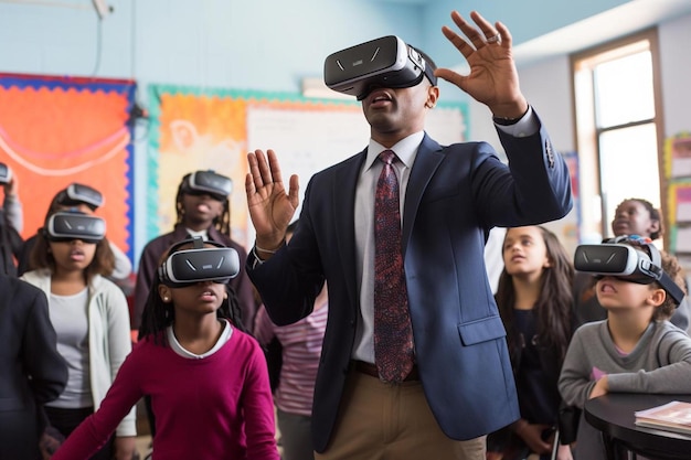 Un hombre con un traje y gafas está de pie frente a un grupo de niños con gafas de realidad virtual.
